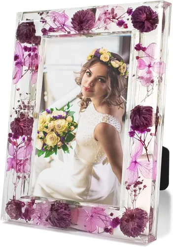FONMY Marco de fotos de 5 x 7 pulgadas, marco acrílico de flores moradas para decoración de pared y mesa, marcos de fotos únicos con flores secas