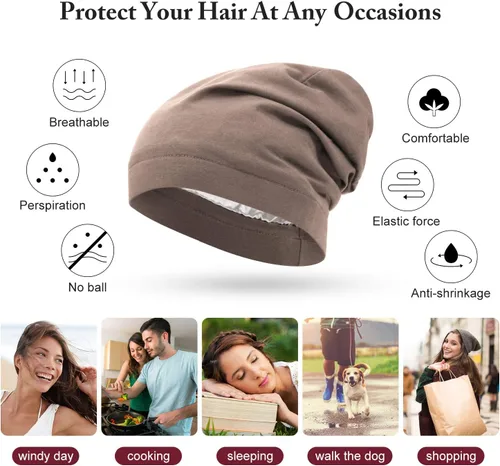Miniatura 23 de 4 Pieces Satin Lined Beanie Cap Satin Sleep Lined Hat Slouchy Beanie Hat Night Silk Hair Cap for Women Men
