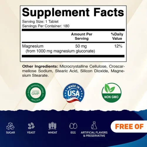Miniatura 2 de Vitamatic Gluconato de magnesio 1000 mg - 180 tabletas vegetarianas (sin recubrimiento) - Apoya la salud muscular, nerviosa y cardíaca*
