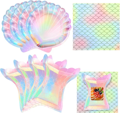 Miniatura 9 de Gersoniel Juego de 40 piezas de suministros para fiesta de sirena iridiscente, 20 platos y 20 servilletas con escamas, decoraciones para fiesta