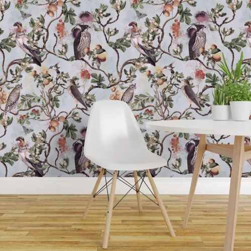 Miniatura 3 de Muestro de papel tapiz removible – Vintage Birds Acuarela Chinoiserie Antiqued of Prey Blue Green Gray Botánico Personalizado Papel pintado