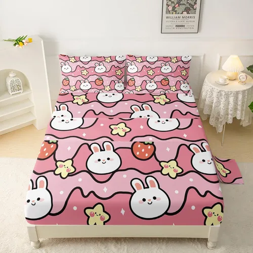 QOOMO Sábanas Kawaii de Conejo para Niños Tamaño Twin, Juego de Sábanas de Cama Kawaii Bunny con Bolsillo Profundo de 16", Juego de Sábanas de