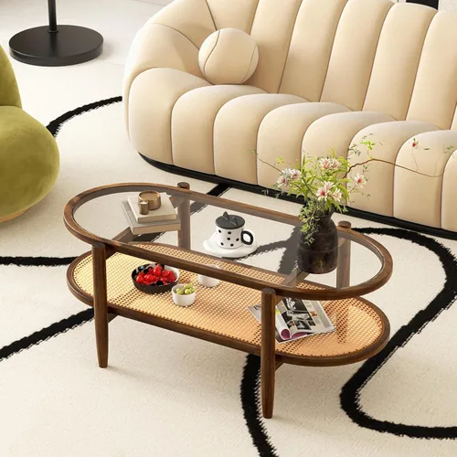 Miniatura 8 de Giantex Mesa de centro de ratán, mesa de té de madera ovalada de 2 niveles con mesa de vidrio templado y estante de almacenamiento de ratán de Negro
