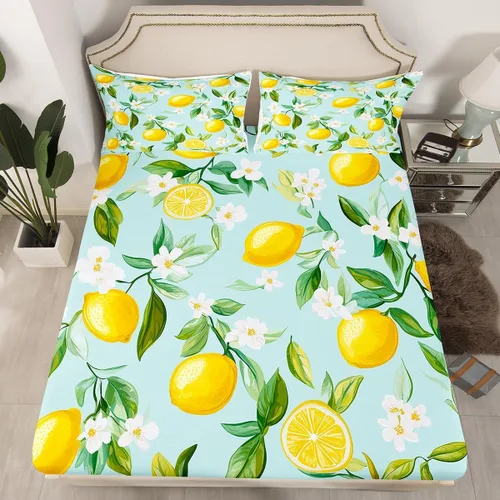 Miniatura 2 de Erosebridal Juego de sábanas de limón amarillo tamaño individual tropical para niños y niñas, sábana bajera ajustable de frutas botánicas con hojas