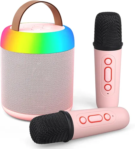 Miniatura 7 de Mini máquina de karaoke para fiestas de juguete para niños, altavoz portátil de juguete de karaoke LED con 2 micrófonos inalámbricos para niñas