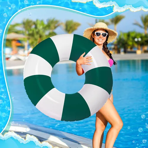 Miniatura 5 de Foilswirl Flotadores inflables jumbo de 47.24 pulgadas para piscina, anillos de piscina a rayas azules y blancas, tubo inflable para mujeres Verde
