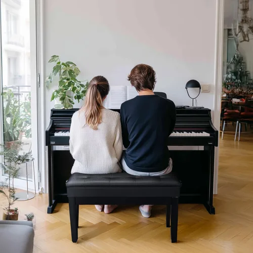 Miniatura 8 de AW Banco de piano dúo con almacenamiento ajustable de madera negra para teclado, asiento cojín de cuero, silla Paino para piano, tienda de música
