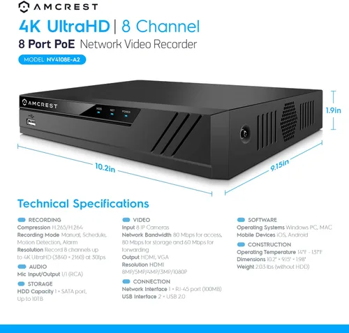 Miniatura 7 de Amcrest NV4108E-A2 4K 8CH POE NVR (1080p/3MP/4MP/5MP/8MP) Grabador de video en red POE - Soporta hasta 8 cámaras IP de 8MP/4K, alimentación a través