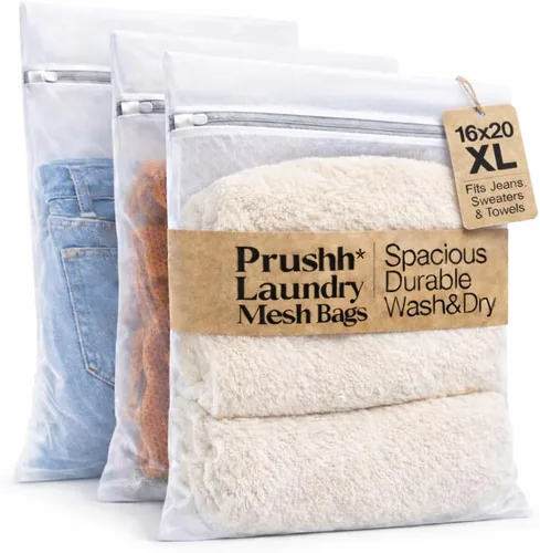 3 bolsas espaciosas de malla duradera (16 x 20 pulgadas) que protegen los delicados, malla fina para lavado y secado uniformes, cremallera de