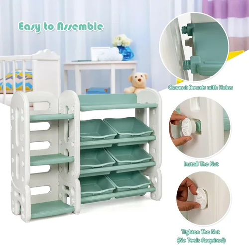 Miniatura 4 de HONEY JOY Organizador de almacenamiento de juguetes para niños de 4 niveles con 6 contenedores, unidad de almacenamiento de juguetes 2 en 1 con Verde