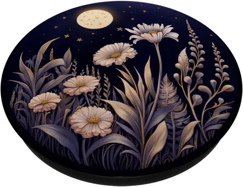Miniatura 2 de PopSockets de flores silvestres con diseño floral de luna boho sobre fondo azul oscuro