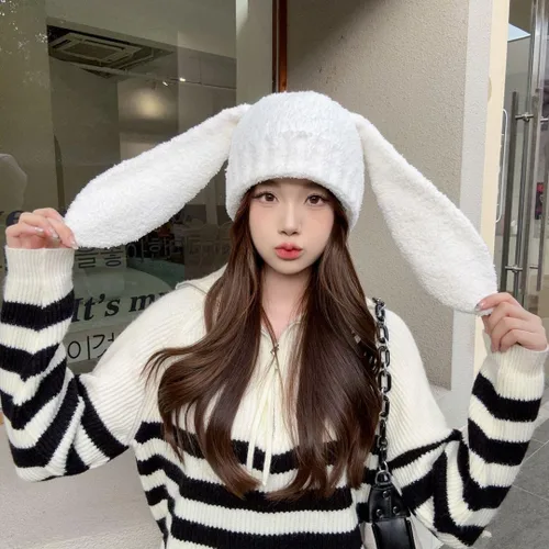 Miniatura 2 de Fauxfur Y2k - Gorro de conejo para mujer, gorro de invierno cálido con diseño de calavera y pompón, sombrero holgado
