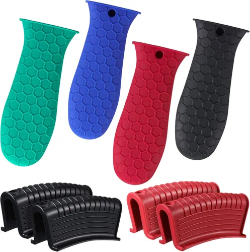 Miniatura 7 de Patelai Juego de 8 soportes de silicona para ollas, funda de mango de hierro fundido, resistente al calor, agarradera, antideslizante, reutilizable