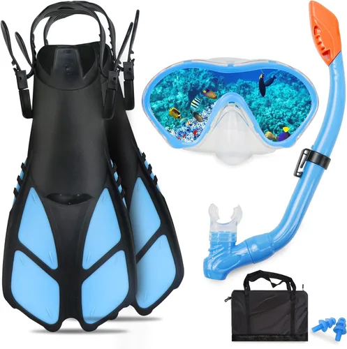 Miniatura 15 de Juego de esnórquel para niños – Aletas ajustables + máscara de esnórquel panorámica + tubo de esnórquel seco + bolsas de viaje – Adecuado para niños