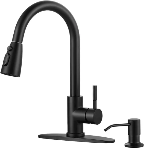 Miniatura 11 de WOWOW - Grifo de cocina cromado con rociador, grifo de fregadero de cocina extraíble de acero inoxidable con placa de cubierta, grifo de cocina