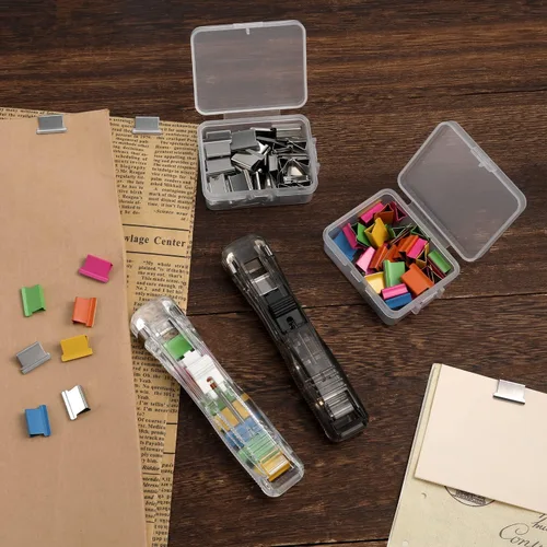 Miniatura 6 de KINBOM 2 dispensadores de clip de almeja, dispensador portátil reciclable de mano con 100 recambios de clip de almeja de papel para fijar hojas