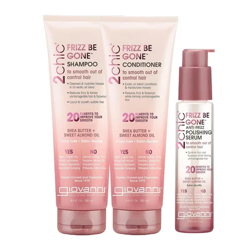 GIOVANNI 2chic Frizz Be Gone - Trío de productos – Champú, acondicionador y suero, fórmula suavizante con manteca de karité y aceite de almendras
