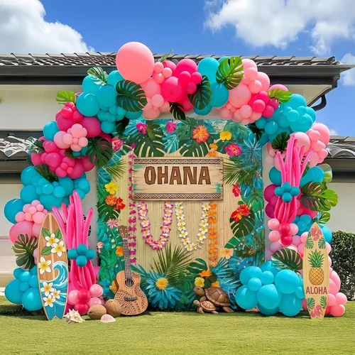 Kit de arco de guirnalda de globos tropicales de 122 piezas con hojas de Monstera – Globos de color rosa intenso verde azulado azul para verano,