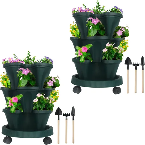 Miniatura 29 de Macetas apilables de polipropileno DUNCHATY, de 5 niveles, verde pino, para interior/exterior, 29" de altura x 13.6" de diámetro 2-1 Paquete