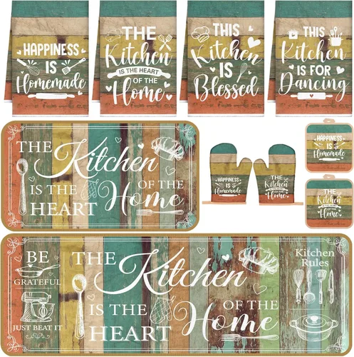 Miniatura 25 de Fourluoo Juego de 10 piezas de decoración y accesorios de cocina de granja, 4 toallas de cocina, 2 soportes para ollas, 2 guantes de horno, 2 Verde