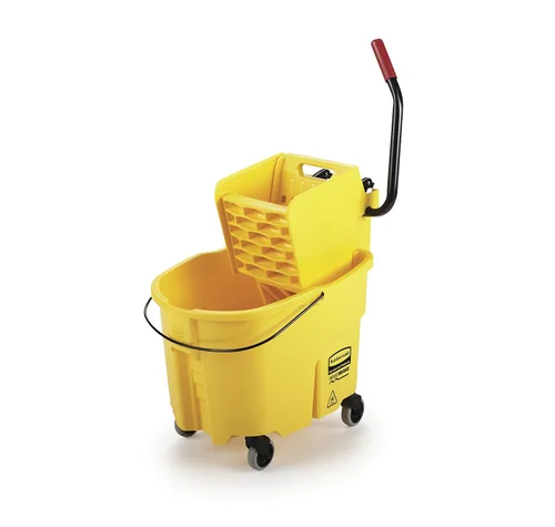 Rubbermaid Commercial Products, WaveBrake - Cubo industrial comercial para fregona con prensa lateral en ruedas, 35 cuartos de galón, color amarillo