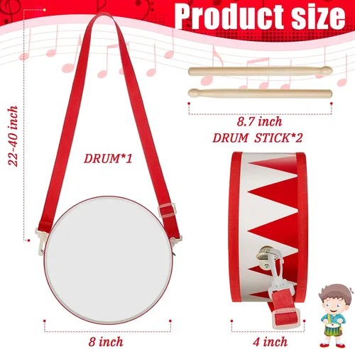 Miniatura 2 de Juego de batería para niños, batería de madera de 8 pulgadas con correa ajustable, 2 baquetas, juego de instrumentos musicales sensoriales