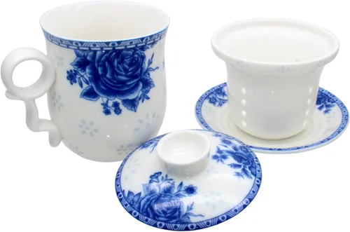 Miniatura 5 de Taza de té de porcelana con tapa de infusor y juegos de platillos – Taza de café de cerámica china Jingdezhen Taza de té de hoja suelta Sistema