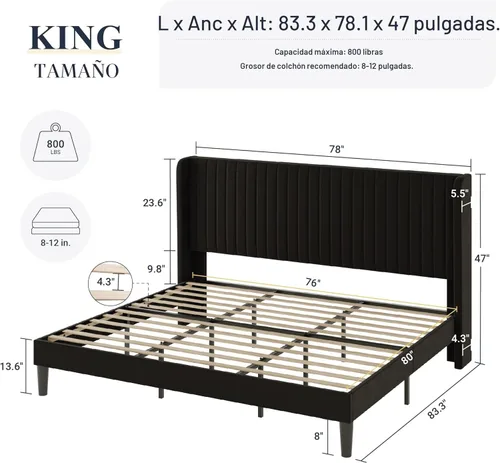 Miniatura 2 de Allewie - Base de cama tamaño King con cabecera acolchada en terciopelo y diseño acanalado vertical; plataforma de cama tapizada; listones de madera