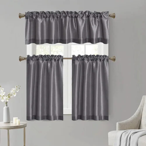 Juego de cenefas de cortinas de cocina de seda sintética de 36 pulgadas de largo, cortinas escalonadas, cortinas tipo café, cenefas con bolsillo Gris