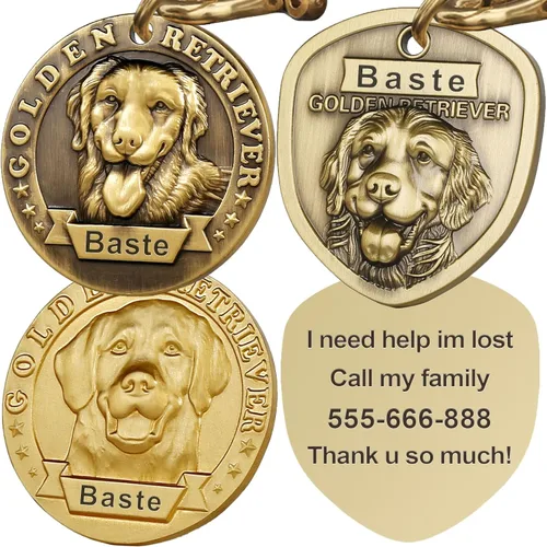 Etiquetas para Perros Golden Retriever Personalizadas para Mascotas Etiqueta de Identificación de Nombre de Perro Grabada Personalizada de Cobre 023