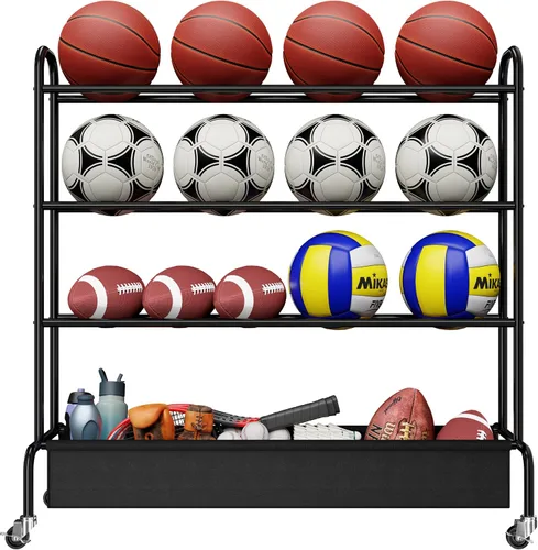 Miniatura 7 de Basketball Rack, Rolling Sport Equipment Holder Ball Storage Cart for Basketball, Football and Soccer, Suitable for Indoor and Outdoor, Black