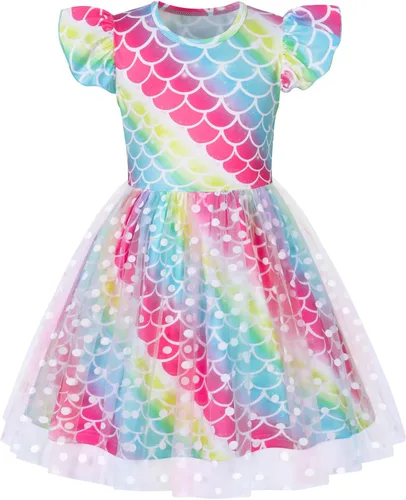Miniatura 23 de WonderBabe Vestido de tul para niñas pequeñas, traje de unicornio, manga con volantes, ropa de cumpleaños, vacaciones, falda tutú casual de sirena