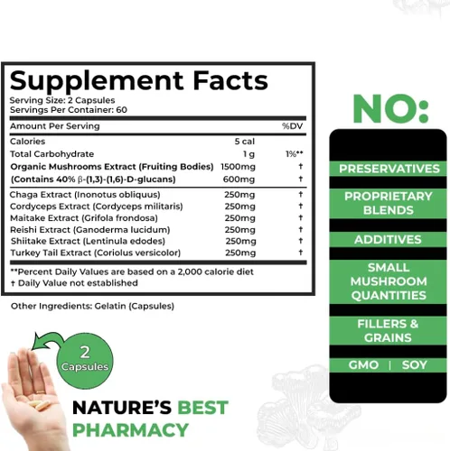 Miniatura 7 de Cancer Sciences Cápsulas de suplemento de hongos orgánicos – 1,500 mg Complejo de hongos de bienestar sin OMG 40% beta-glucanos – Cola de pavo