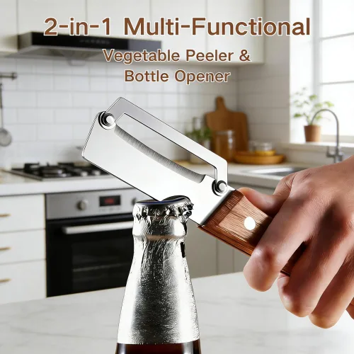 Miniatura 5 de Pelador de verduras premium con mango de madera y abridor de botellas: herramienta de cocina de acero inoxidable 2 en 1 para frutas, manzana