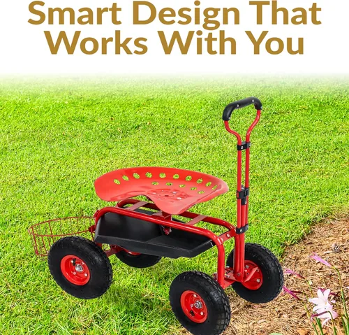Miniatura 4 de Sunnydaze Carrito de jardín con ruedas - Taburete de jardín sobre ruedas - Asiento de jardinería con ruedas con mango extensible - Asiento giratorio