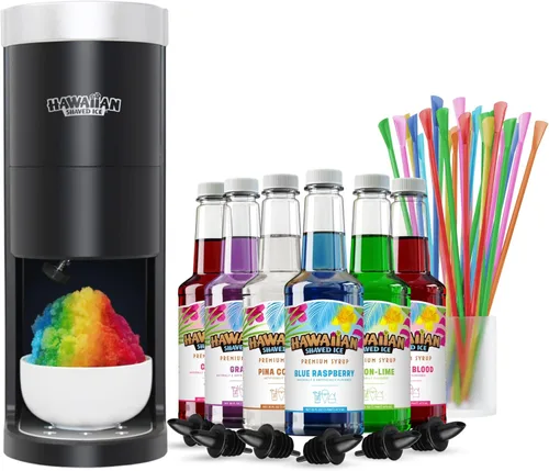 Kit de máquina de hielo raspado y cono de nieve Hawaiian Shaved Ice HomePro, 6 sabores de jarabe de 16 oz. Cereza, uva, frambuesa azul, sangre de