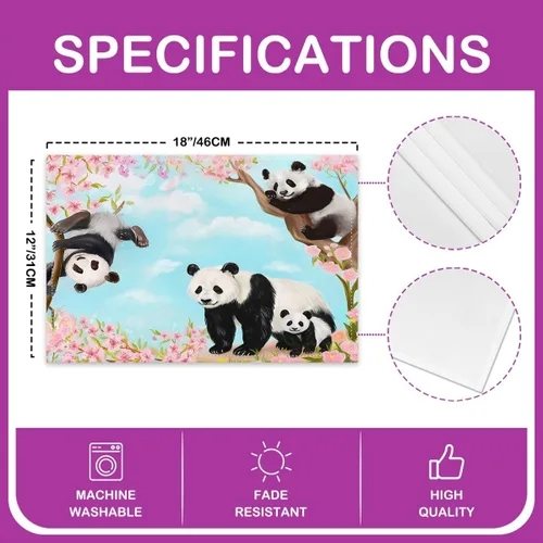 Miniatura 4 de jejeloiu Juego de 4 manteles individuales con diseño de panda de 12 x 18 pulgadas, lindos manteles individuales de animales con diseño de cerezo