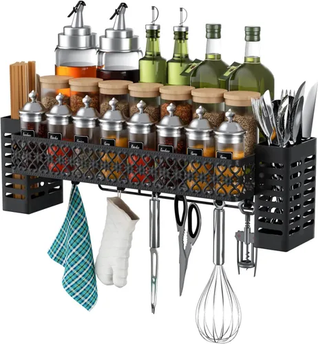 Estante de especias colgante para montaje en pared, estante organizador de especias sobre estufa con soporte para utensilios para colgar en la