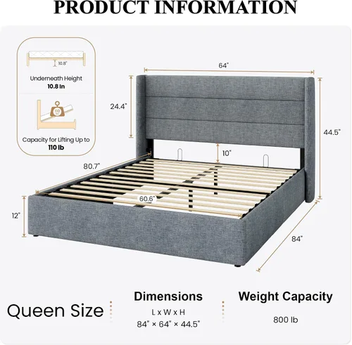 Miniatura 2 de SHA CERLIN Cama de Almacenamiento Elevable Tamaño Queen/Cabecera Moderna Tipo Wingback/Marco de Cama Plataforma Tapizada/Almacenamiento Gris azulado