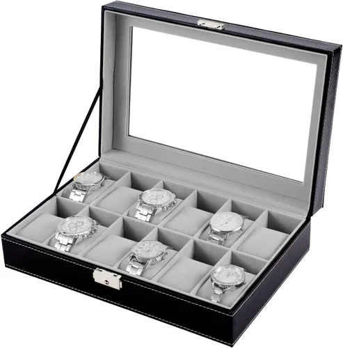 Miniatura 4 de Caja de reloj con 12 ranuras para reloj, organizador con parte superior de cristal, caja de almacenamiento de reloj negra para hombres y mujeres