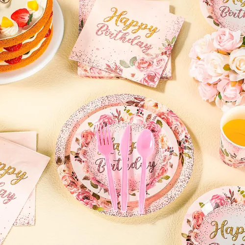 Miniatura 6 de Roshtia 175 piezas de suministros florales para fiesta, sirven a 25 invitados, juegos de vajilla de rosa de feliz cumpleaños para adultos y mujeres