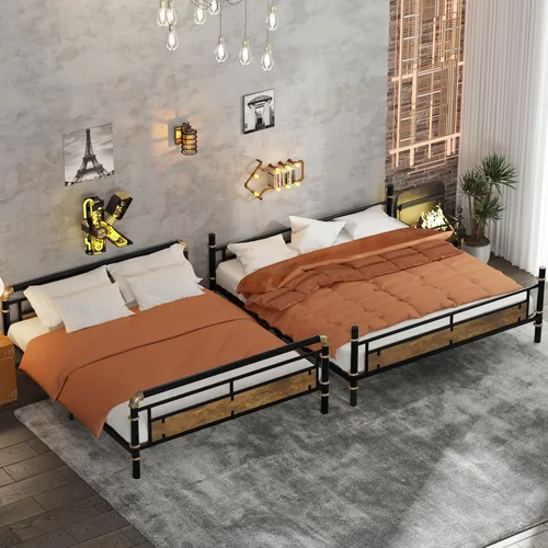 Miniatura 5 de KEIKI Litera desmontable de metal tamaño matrimonial XL con escaleras, cabecera de MDF y barandilla, literas modernas con listones sólidos,