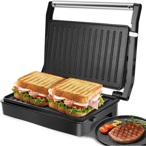 Aigostar - Sandwichera Panini Press de 1000 W con placas revestidas antiadherentes, luz indicadora, tapa de bloqueo, mango de tacto fresco, parrilla