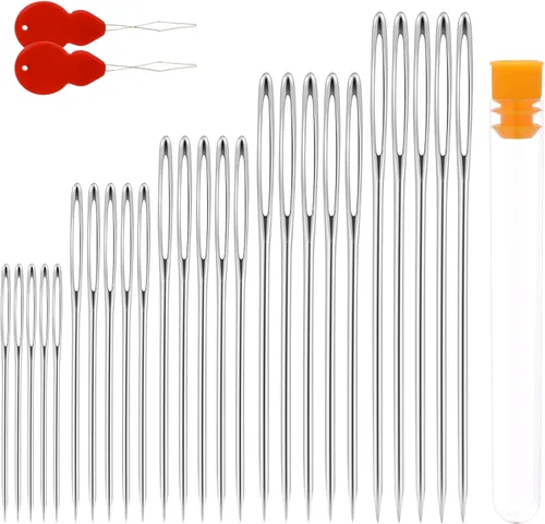 Agujas de coser de ojo grande, 25 agujas de bordar de acero inoxidable con enhebradores de agujas, aguja de costura cruzada para coser a mano (5