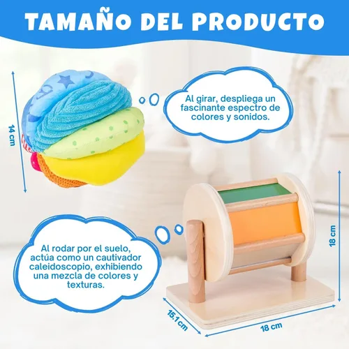 Miniatura 3 de Montessori - Kit de juego de juguetes para bebé, tambor giratorio mediano y bola de tela arcoíris para niños de 6 a 12 meses (kit de juego 3)
