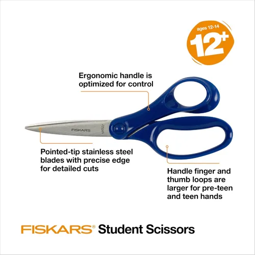 Miniatura 3 de Fiskars Tijeras para estudiantes de 7 pulgadas para niños de 12 a 14 años, tijeras para la escuela o manualidades, suministros de regreso a