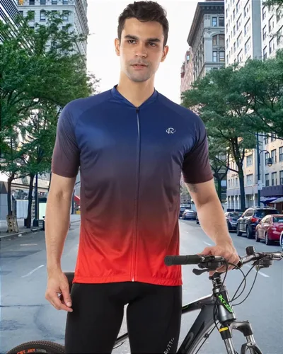 Miniatura 4 de ROTTO Camiseta de ciclismo de manga corta para hombre, color degradado, serie Pro con bolsillo trasero con cremallera, L