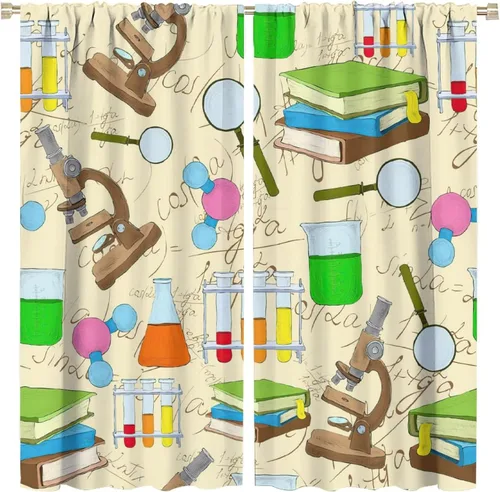 Miniatura 81 de Cortinas opacas para ventanas de ciencia para niños, lupa de libro de laboratorio de ciencia, lupa, frascos moleculares, cortinas impresas