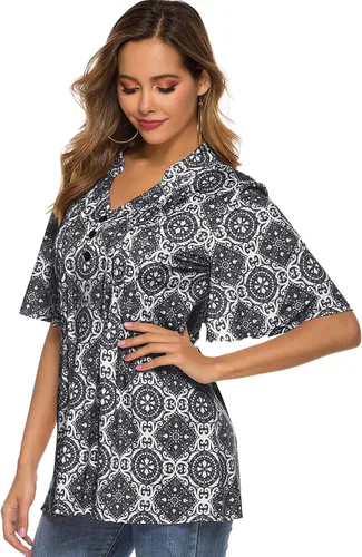 Miniatura 3 de HOCOSIT - Camiseta de manga corta con olanes y cuello en V con estampado de flores, plisada y abotonada, para mujer