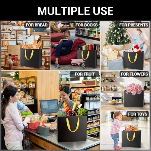 Miniatura 4 de EUSOAR Bolsas grandes de compras negras con asas doradas, paquete de 25 bolsas de regalo de 12.5 x 4.5 x 11 pulgadas, asas a granel, bolsas de Asas